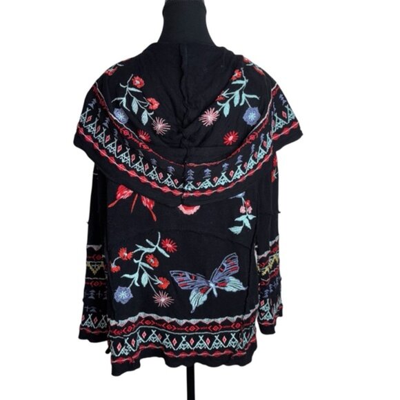 CAITE Embroidered Black Open Front Cardigan with Hood Boho Festival Style, Small - Picture 1 of 14